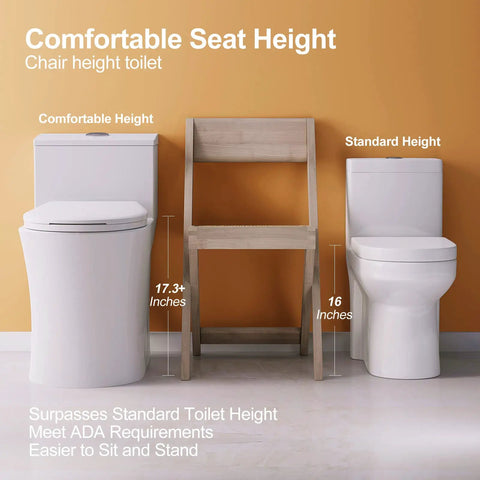 Compact One Piece Elongated Toilet With Dual Flush System And ADA Chair Height Tailored For Cozy Bathrooms Providing Smooth Operation And Quick Wipe Down Ease For Chill Daily Use And Smart Space Optimization next to a standard height toilet and a chair.