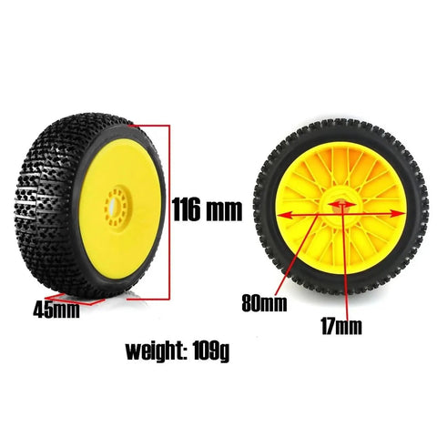 Off Road RC Tire Wheel Set 1 8th Scale 116mm 17mm Hex For Buggy Cars Yellow Durable Plastic And Rubber Build Delivers Solid Grip