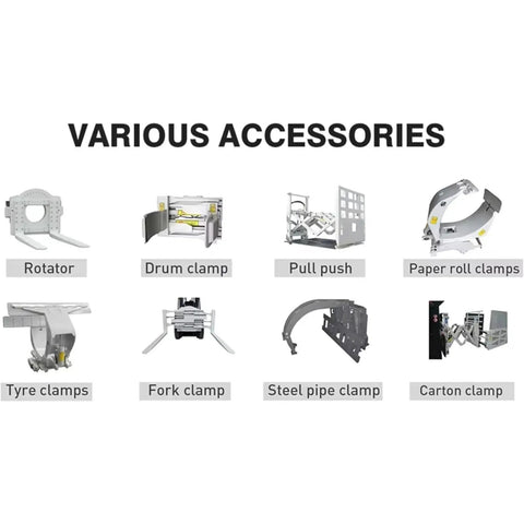 Various accessories for Compact Electric Forklift Two Point Five Ton Load Capacity Side Shift Steering including clamps and rotators.
