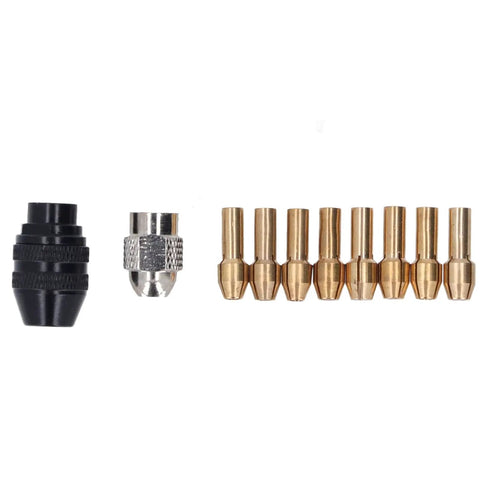 Super Cool Hilitand Brass Drill Chuck Adapter With Keyless Design And Eight Sweet Collet Sizes From One Thirty Second To One Eighth Inch For Woodworking And Engraving Projects That Are Totally Awesome, featuring black and silver chucks with brass collets.