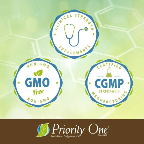 Priority One Nutritional Supplements logo with badges for GMO Free and CGMP Certified Manufacturing on green background.