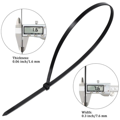Beefy Heavy Duty 24 Inch Nylon Cable Ties 175 Lb Tensile Strength Self Locking UV Resistant, showing thickness and width measurements