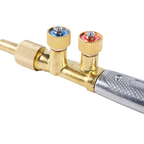 Pro Grade Heavy Duty Brass Welding Cutting Heating Torch Kit 4 Piece Set with Valves close-up of control knobs and cutting head
