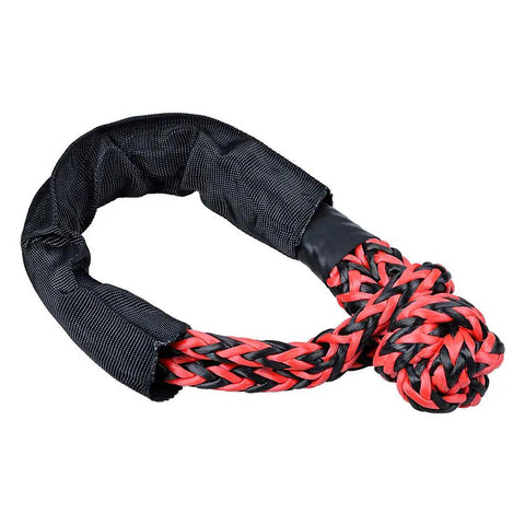 Heavy Duty Synthetic Soft Shackles With Black Red Protective Sleeve Four Pack Plus Two Recovery Rings 38000 Lbs Shackles And 41000 Lbs Rings For Off Road Rigs ATV UTV SUV Trucks Marine Farming Industrial, showing a single shackle with red and black synthetic fiber and protective sleeve