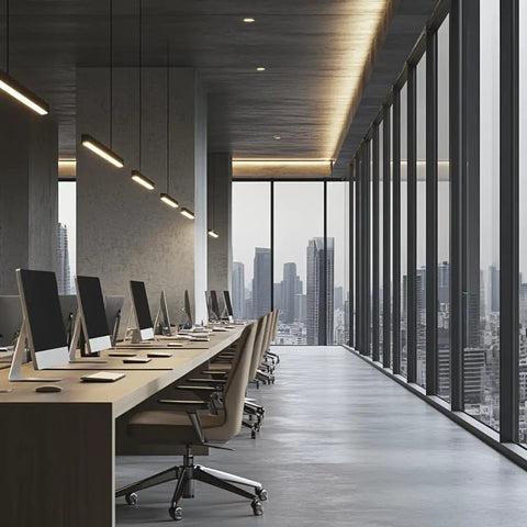 Modern office space with multiple computers, glass windows, and ergonomic chairs, featuring a sleek design for productivity.