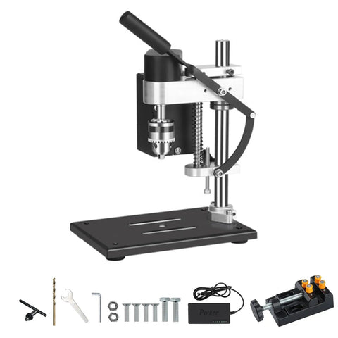Small But Mighty Mini Drill Press Benchtop With 7 Adjustable Speeds 775 Motor B10 Chuck 110V Electric Table Drill displayed with accessories
