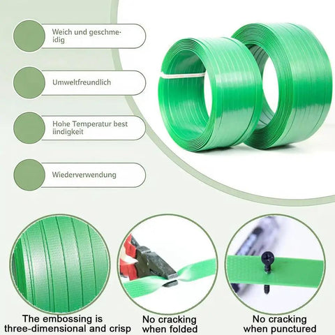 Heavy Duty PET Strapping For Packaging And Bundling High Tensile Green Polyester Strapping Rolls 1200m Reel shown with durability features