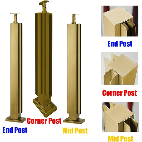 Rock Solid Weatherproof Glass Railing Posts For Decks Patios Stairs: End, Corner, and Mid Posts in gold finish.