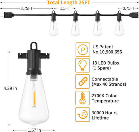 Close-up of 100 Ft Outdoor String Lights With 52 Shatterproof Bulbs IP65 Waterproof Dimmable Patio Lighting details and dimensions.