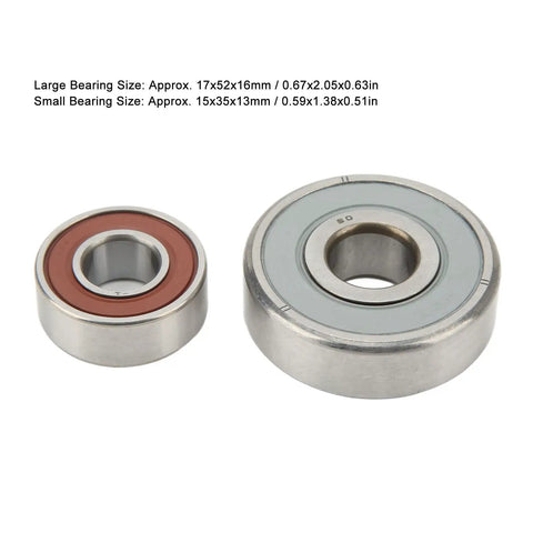 Pro Grade Alternator Bearing Kit With Small And Large Aluminum Alloy Bearings Compatible With Denso Units Oe 949100-5010, showing large 17x52x16mm and small 15x35x13mm bearings.
