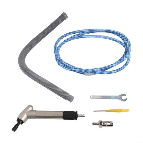 Pro Grade Pneumatic Air Die Grinder Kit accessories including gray hose, blue braided tube, wrench, and nozzle for heavy-duty tasks.
