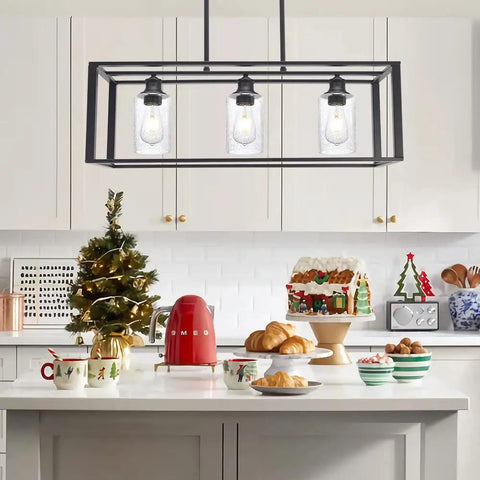Farmhouse Black Lantern Pendant Chandelier With Seeded Glass, 3 Light Modern Dining Room Kitchen Island Lighting over white kitchen