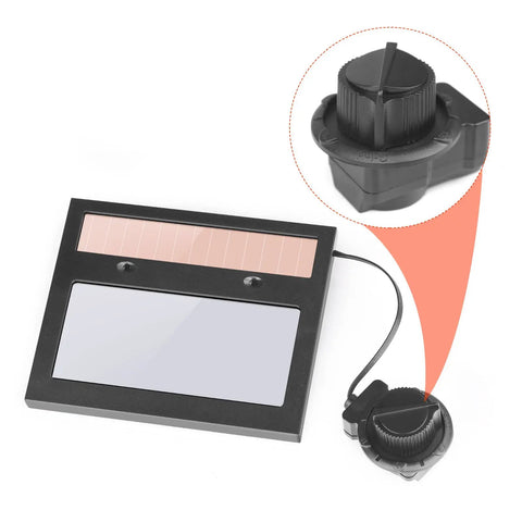 Auto Darkening Welding Lens Replacement for Helmet with Solar Powered Shade, wide window, quick arc filter, adjustable knob detail.
