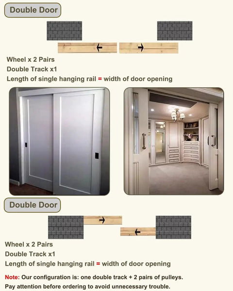 Heavy Duty Bypass Sliding Door Hardware Kit Featuring Smooth Rolling Nylon Rollers And Sturdy Barn Track Rail Carrying Two Panels Up To Four Hundred Fifty Lbs Easy Peasy Install For Closets Or Dividers, showing installation configuration and double door setup.