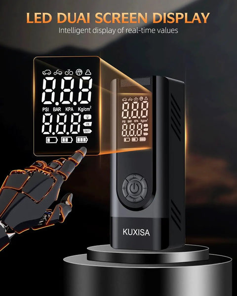 Portable Tire Inflator Air Compressor With Digital Pressure Gauge, 180 PSI, LED display features, sleek black design