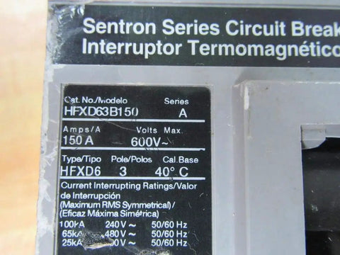 Heavy Duty Hfxd63B150 150 Amp 3 Pole 600 Volt Molded Case Circuit Breaker label detailing specs and ratings.