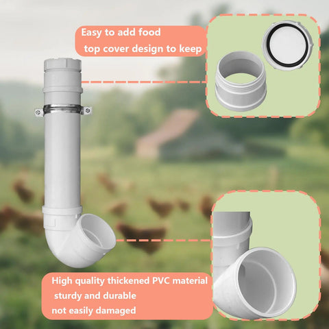 3 Pack Automatic Chicken Feeder Made With Premium PVC Pipe hanging design showing sturdy lid and easy food addition features.