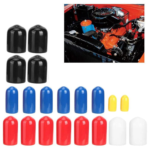 Pro Grade Vacuum Line Cap Kit 20 Pcs Assorted Sizes next to engine displaying vacuum hose end bung plugs