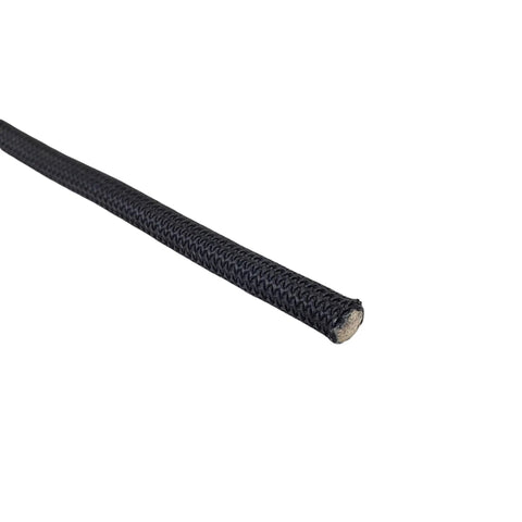 Close-up of Three Eighths Inch Black Shock Cord Bungee Rope, with visible marine grade polyester, UV resistant, easy to knot.