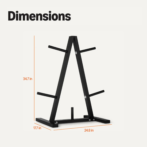 Dimensions of Heavy Duty Five Spoke Weight Plate Tree Rack For One Inch Plates in black steel with measurements.