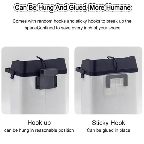 Heavy Duty Electric Coffee Portafilter Knock Box showcasing hook and sticky hook options for easy hanging and gluing in cafe kitchens.