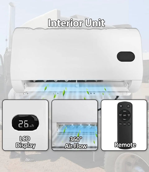 Interior view of 24V Mini Split Air Conditioner with Brushless Motor for Big Rig Sleepers, Semis, Vans and RVs, LCD display shown