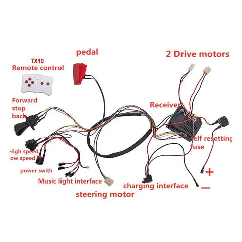 DIY 12V Kids Electric Car Wiring Kit With Switch, 2.4G Bluetooth Remote Control, Receiver, Pedal, Wires, Control Box Visible