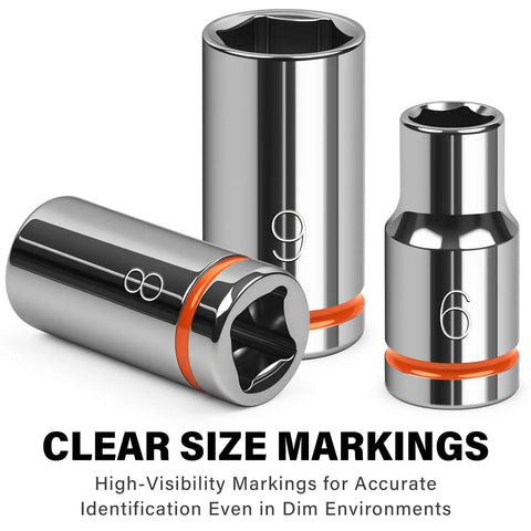 Clear size markings on One Quarter Inch Drive Metric Master Socket Set, 14 Piece Shallow 6 Point Hex Socket Kit Covering 4mm To 15mm