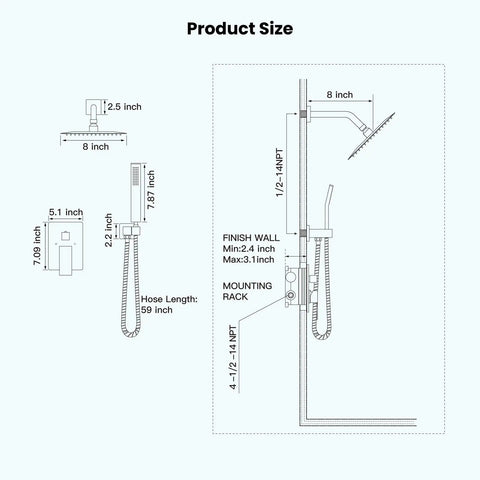 Dimensions of Rainfall Shower System With 8 Inch Square Rain Shower Head And Wall Mounted Handle Complete Matte Black Combo.