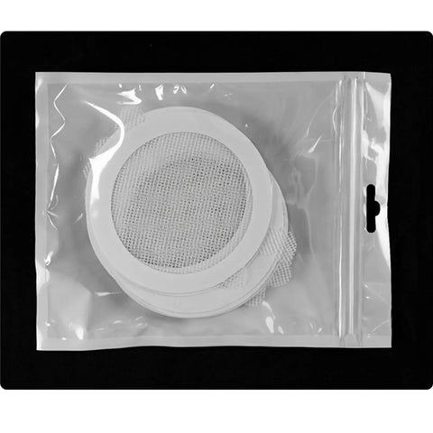 10pcs Shower Drain Hair Catcher Mesh Stickers, Square in a clear package, featuring circular white mesh stickers for drainage.