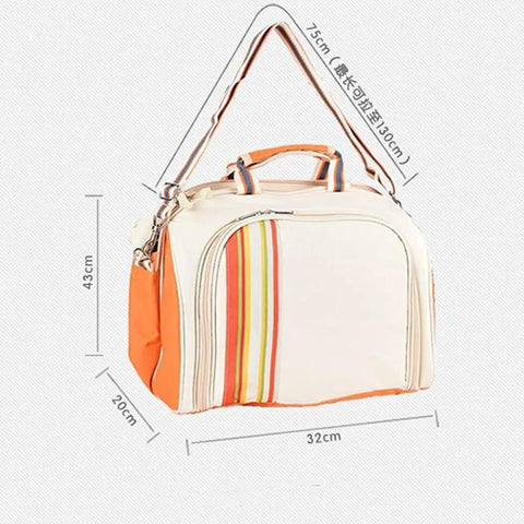 No Fuss Insulated Picnic Backpack Set For Four with colorful stripes and dimensions shown, ideal for family outdoor camping.