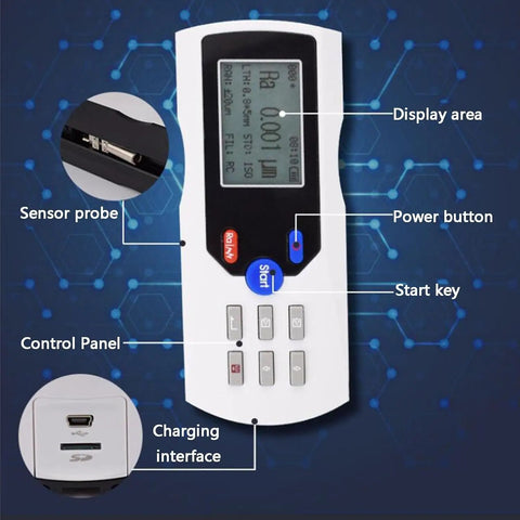 Handheld Surface Roughness Tester With LCD Display And Diamond Probe, 0.001 Micron Precision Profilometer For Metal Surfaces, Rechargeable, Pro-Grade Readouts For Planes, External, Bore, Grooves, And Tapered Surfaces, front view