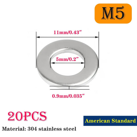 20 Pieces 304 Stainless Steel Flat Washers for Bolts 18 8 Rust Resistant Hardware Set with dimensions shown