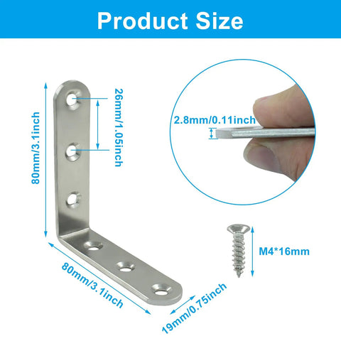 4 Pack Rock Solid Heavy Duty L Brackets 3.1 Inch Square Corner Braces Rust Resistant Stainless Steel Shelf Support detailed size diagram with dimensions.