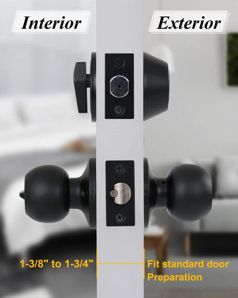 Locking Satin Nickel Door Knob Set With Keyed Entry Easy Install Hardware Handle shown on door thickness