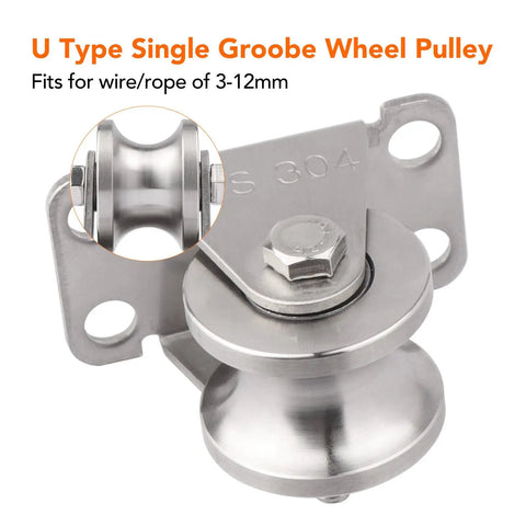 U Type Single Groove Wheel Pulley in 304 Stainless Steel, fits 3-12mm wire/rope, close-up view with screws included