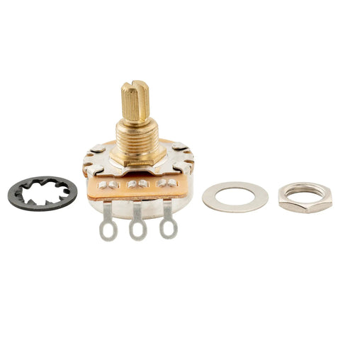 Pro Grade Brass 250K Linear Taper Potentiometers For Electric Guitars And Basses, Inch Sized 24-Spline Split Shaft, components shown