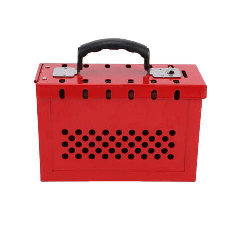 Heavy Duty Portable Group Lockout Box With 12 Piece Padlocks And 24 Keys Built Like A Tank For Industrial Sites Keeping Crew Safe And Gear Locked Down Tight Always, red nylon case with handle.