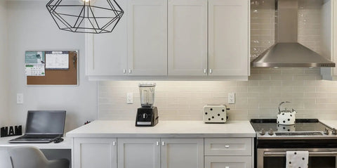 Modern kitchen with white cabinets featuring Polished Chrome Cabinet Knobs Set 10 Pack, 1.46 Inch Single Hole Rectangle Drawer Pulls