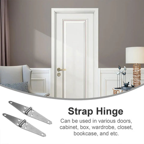 Real Deal Premium Heavy Duty Gate Hinges 4 Pack Galvanized Steel Strap Hardware For Wooden Fences Barn Shed Doors Yard Gates Outdoor Rust Resistant, shown with a door.