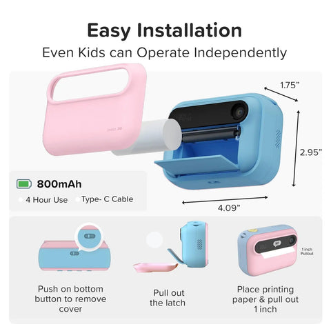 Kids Instant Print Camera Kit With 16MP Sensor, 9 Roll Paper Pack, Durable Travel Case, Totally All In One Gift Set For Ages 4 12, Easy Photo Printing On The Go, Great Starter Camera For Creative Fun. Pink and blue kids instant print camera with paper loading steps, 800mAh battery, Type-C cable