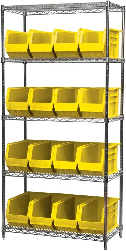 Space Saving Stackable Plastic Storage Bins for Garage Pantry and Craft Room, Yellow, 6-Pack on metal shelving