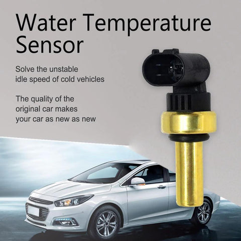 Water temperature sensor with brass stem and black connector for automotive use.