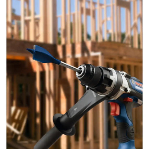 Power drill with six piece nail killer wood boring bit set with reinforced reamer cutting edges in construction setting