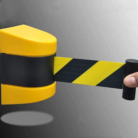Heavy Duty 10 Meter Retractable Belt Barrier Wall Mount Crowd Control Divider For Restricted Area Security Durable Nylon Ribbon with yellow and black tape.