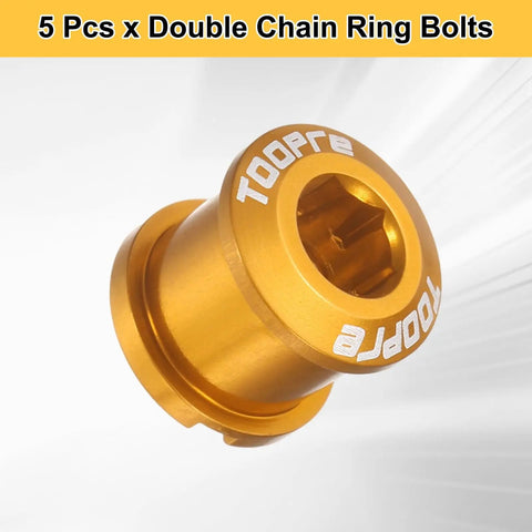 Five Piece M8 Aluminum Alloy Double Chainring Bolts For Road And Mountain Bike Cranksets Gold Including Five Nuts And Screws