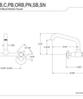 Diagram of No-Drip Two-Handle Wall Mount Kitchen Faucet In Brushed Nickel, Solid Brass, Adjustable Center Span From About Five To Ten Inches, 1.2 GPM At 60 PSI, Ceramic Disc Cartridge, Half Inch NPT Inlet