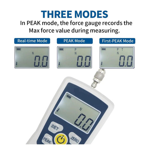 Beefy Digital Force Gauge Dynamometer For Push And Pull Testing, Ultra High Precision And Resolution, Real Time, Peak And First Peak Modes, Four Units N Kg Lb Oz, 20N Capacity, Acceleration Setting For Custom Calibration displayed with modes and screen