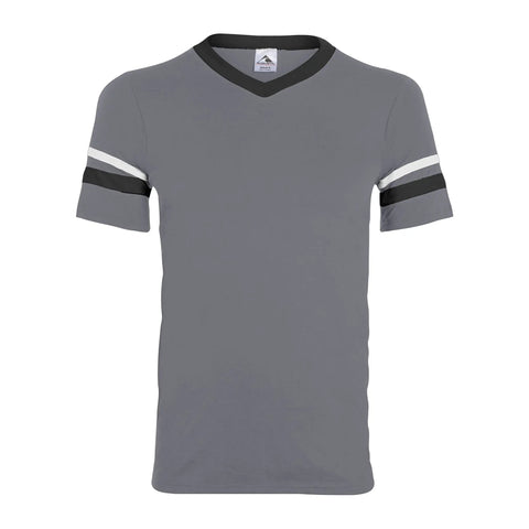 Retro Ringer Tee With Contrast Sleeve Stripes And Knit V Neck 50 50 Poly Cotton Jersey Double Needle Hem All Day Comfy Team Spirit Tee In Graphite Black White Sized Small