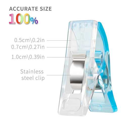 Super Handy Pack Of 100 Clear Plastic Sewing Clips, with stainless steel clip, shown in accurate size measurements.